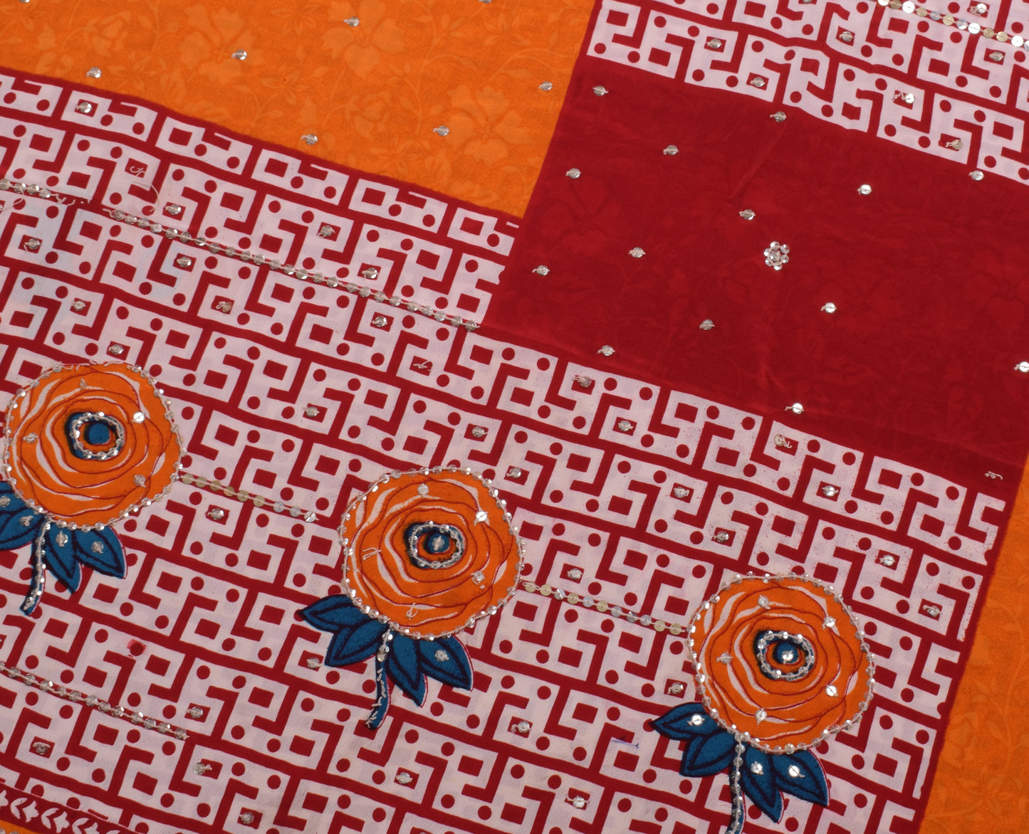 Sushila Vintage Art Crepe Silk Saree Floral Print Sequins Work Sari Craft Fabric