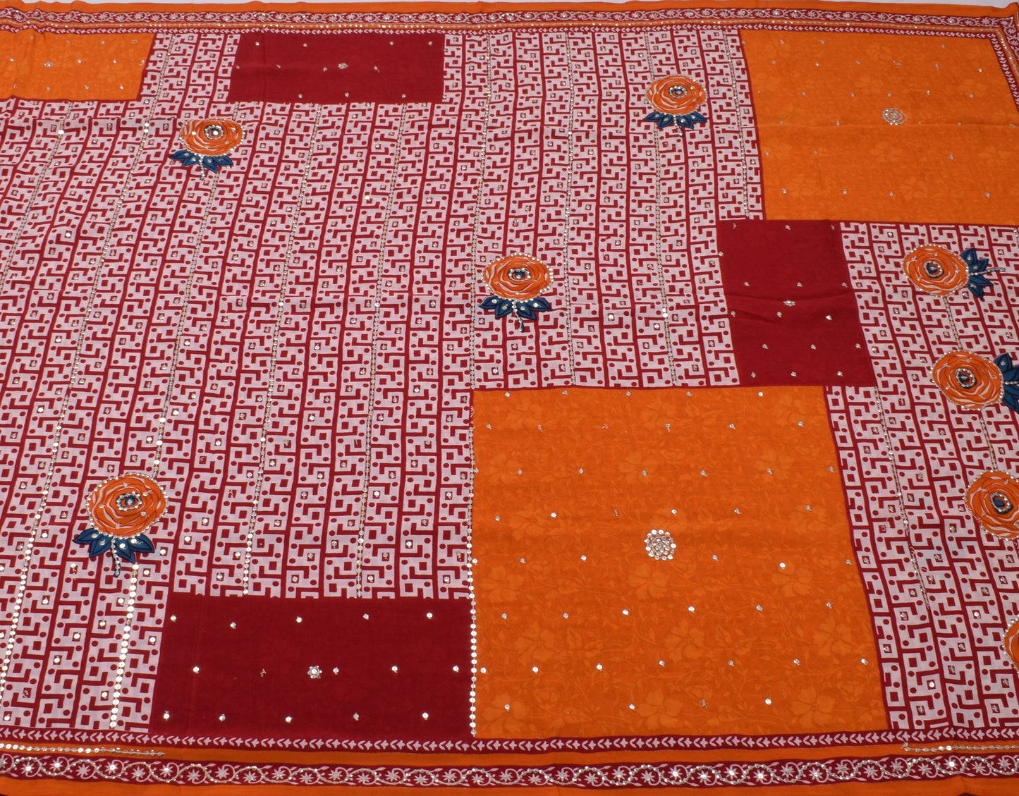 Sushila Vintage Art Crepe Silk Saree Floral Print Sequins Work Sari Craft Fabric