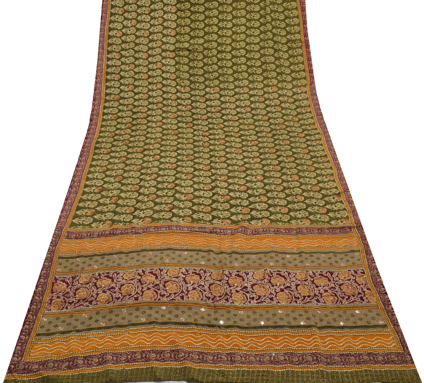 Sushila Vintage Green Saree Blend Crepe Silk Embroidered Floral Sari Fabric