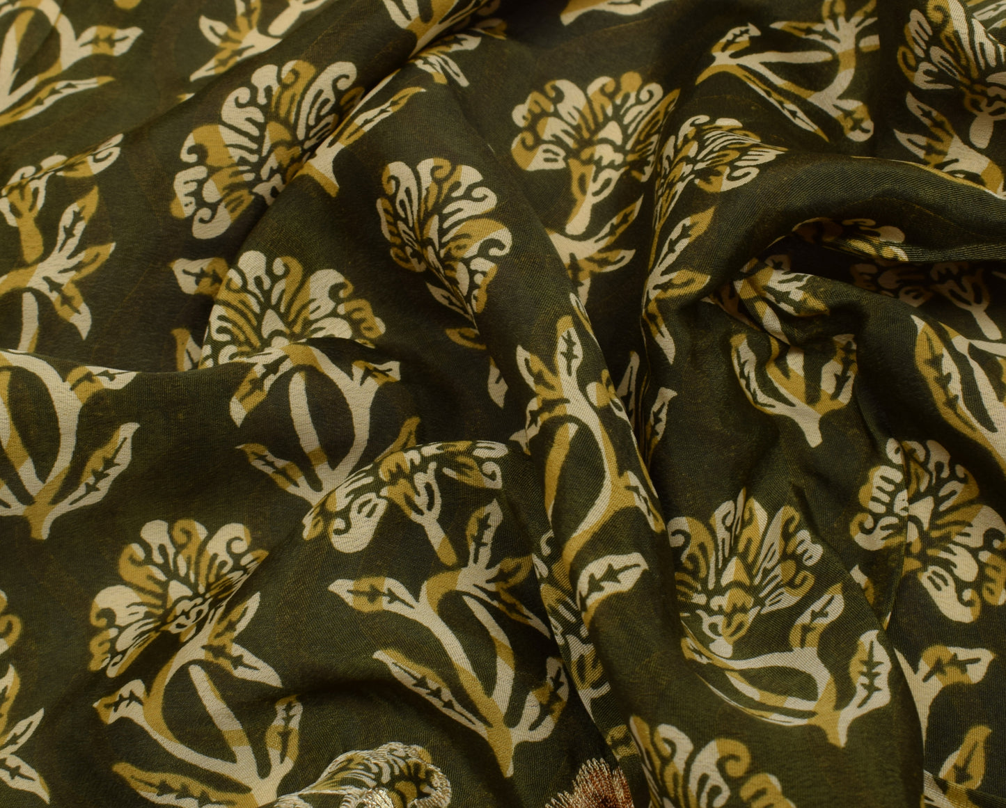 Sushila Vintage Green Saree Blend Crepe Silk Embroidered Floral Sari Fabric