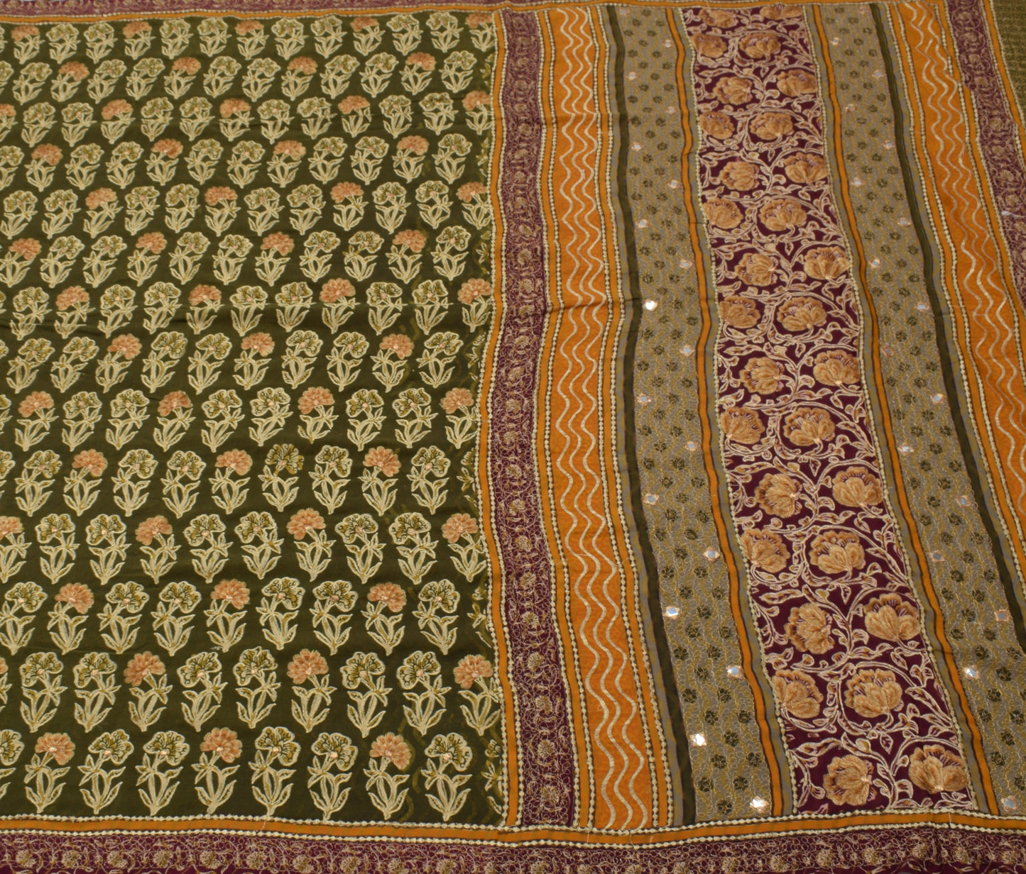 Sushila Vintage Green Saree Blend Crepe Silk Embroidered Floral Sari Fabric