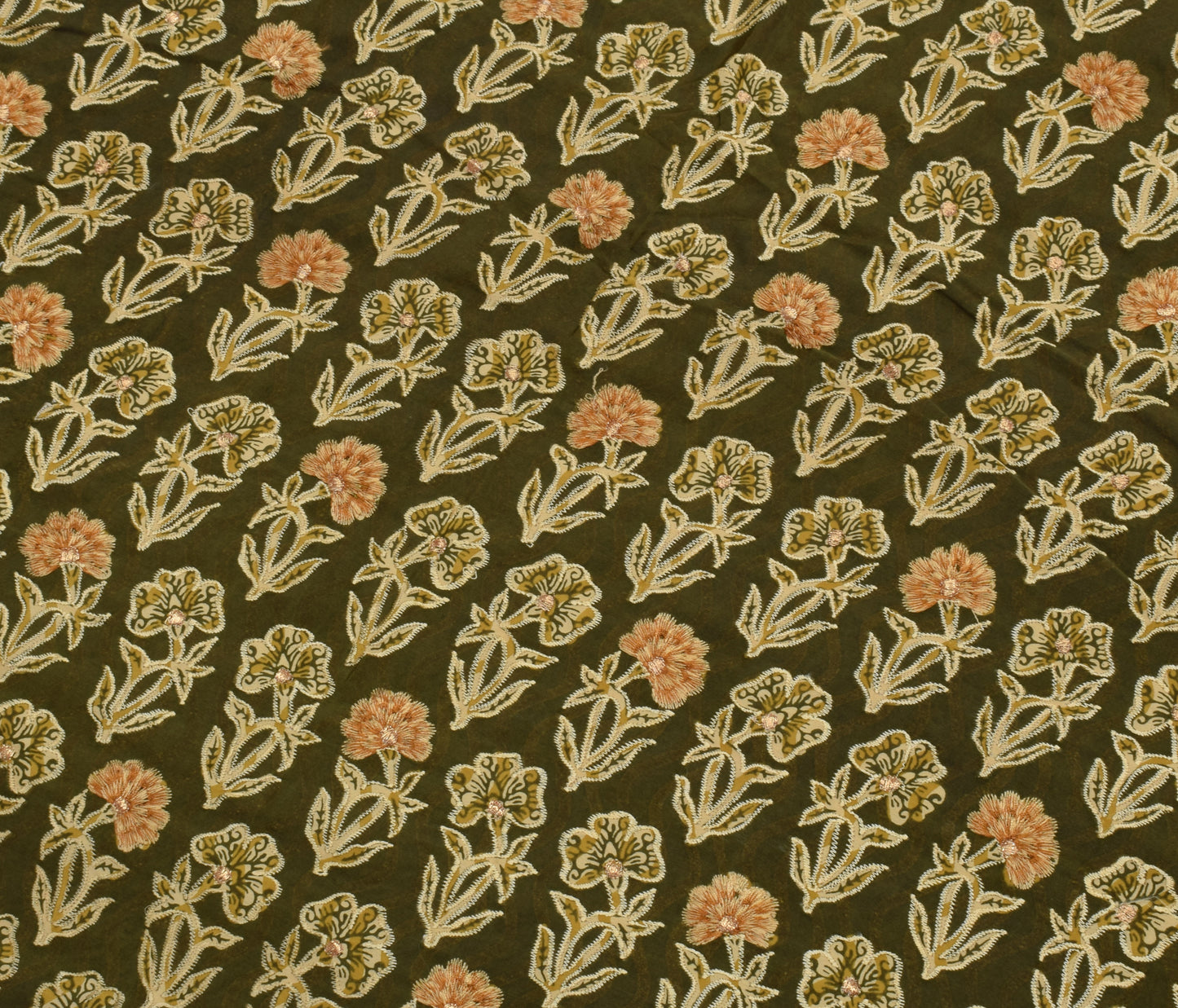 Sushila Vintage Green Saree Blend Crepe Silk Embroidered Floral Sari Fabric