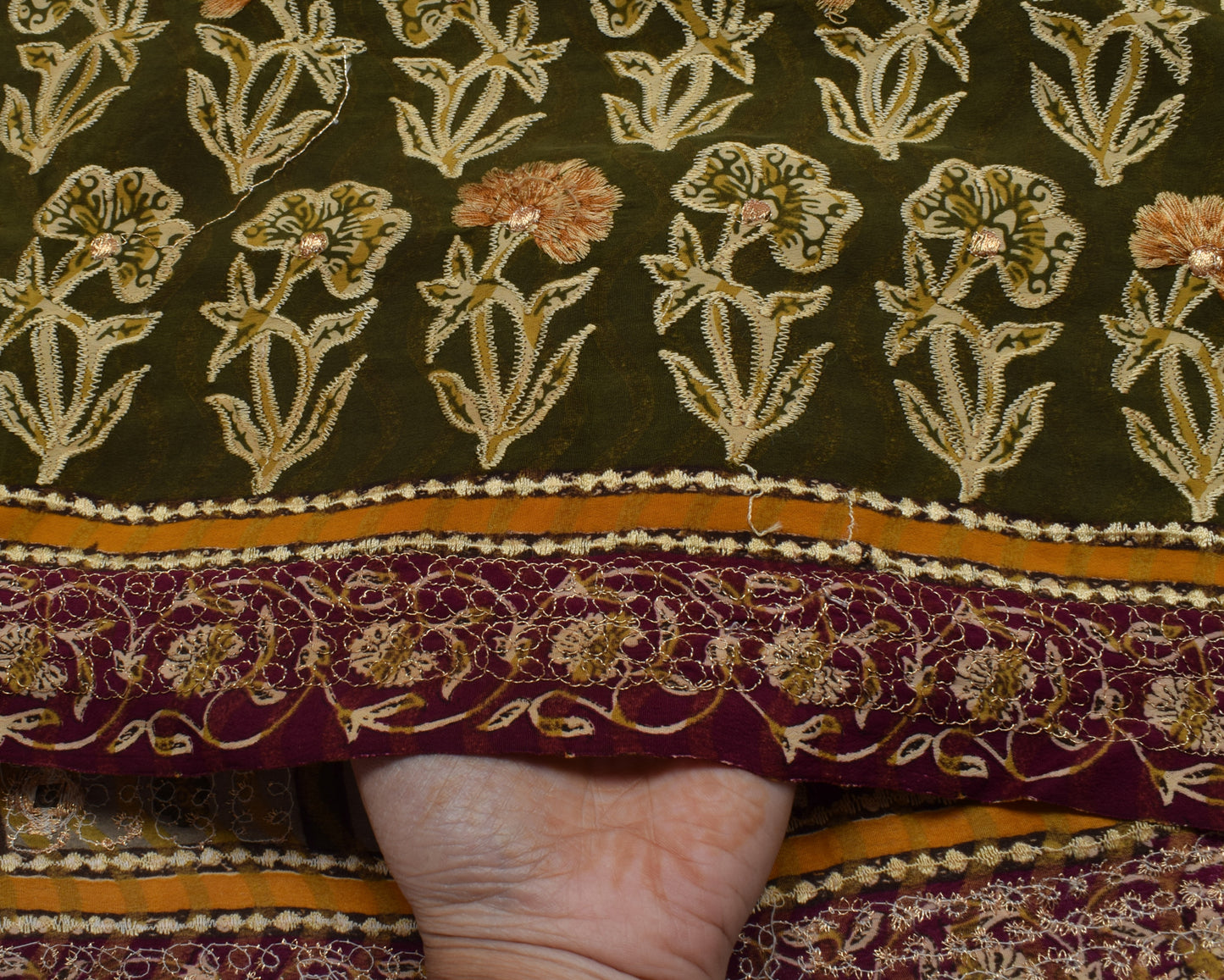 Sushila Vintage Green Saree Blend Crepe Silk Embroidered Floral Sari Fabric