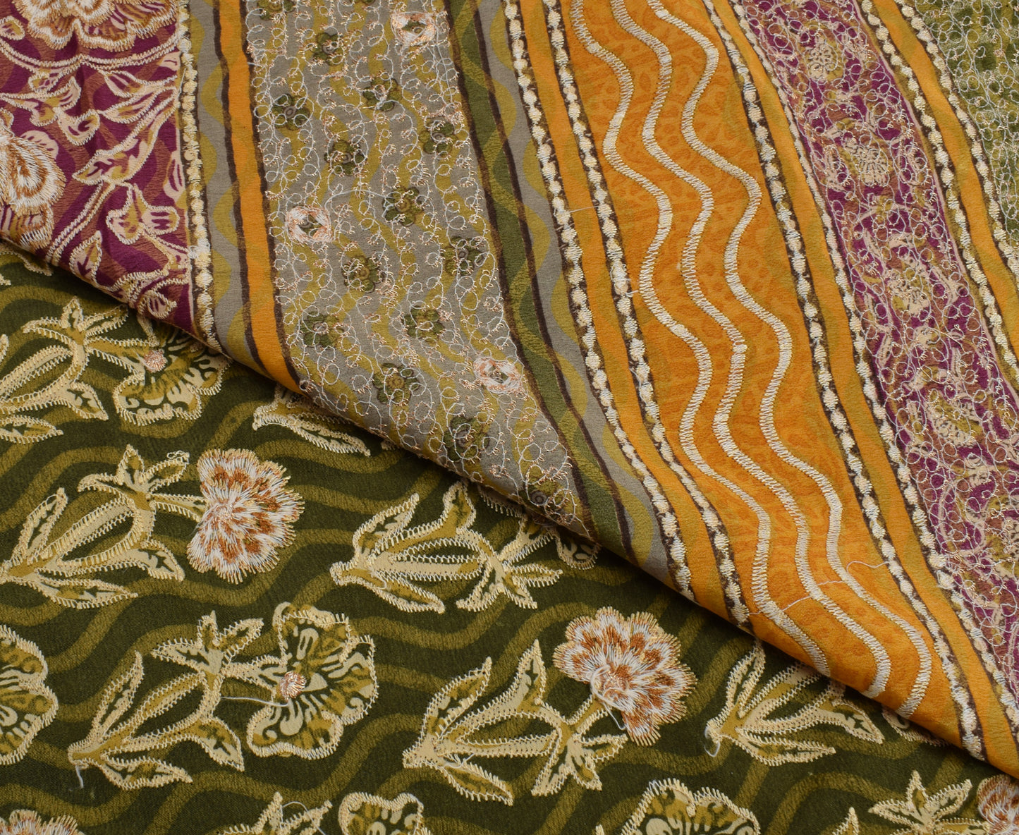 Sushila Vintage Green Saree Blend Crepe Silk Embroidered Floral Sari Fabric