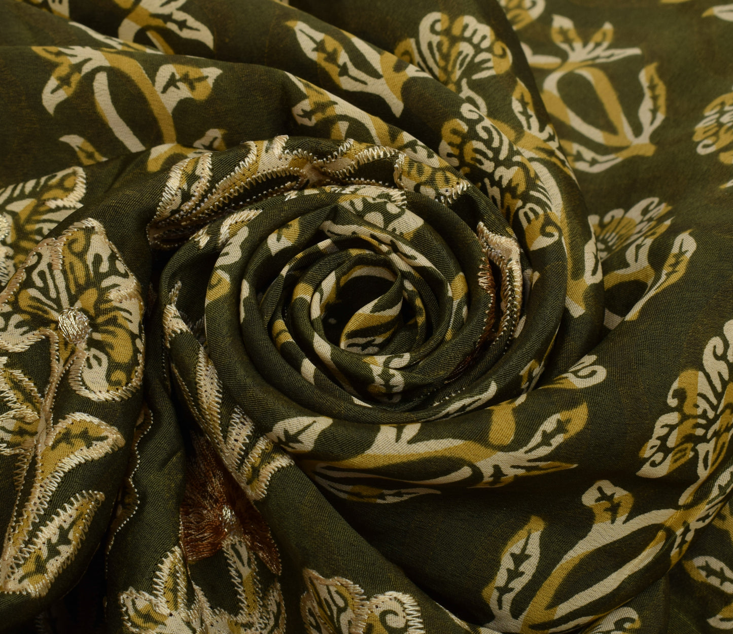 Sushila Vintage Green Saree Blend Crepe Silk Embroidered Floral Sari Fabric