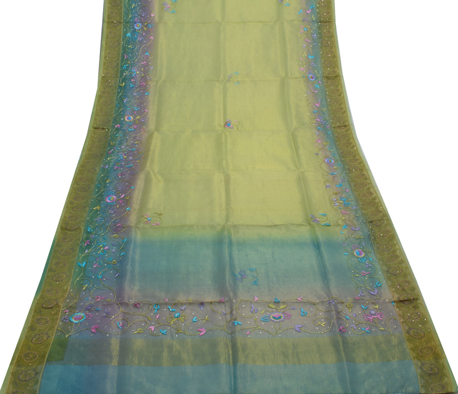 Sushila Vintage Green Saree Pure Tissue Silk Embroidered Floral Sari Fabric