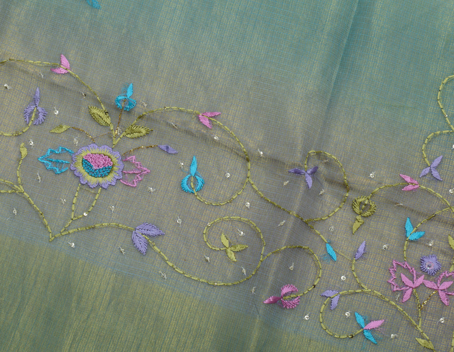 Sushila Vintage Green Saree Pure Tissue Silk Embroidered Floral Sari Fabric