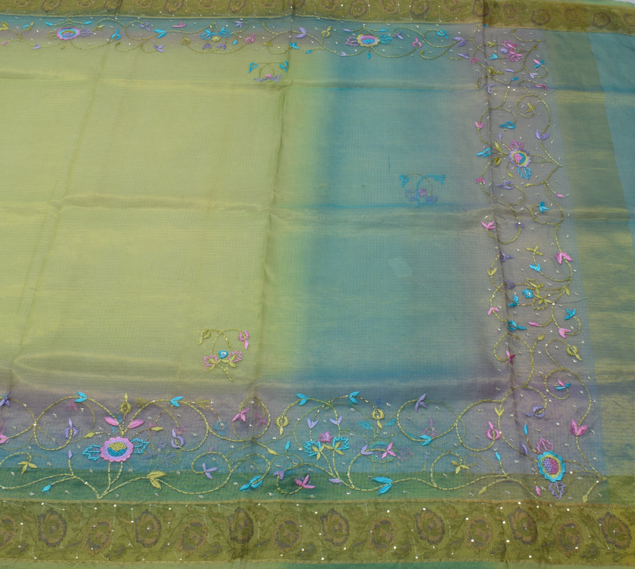Sushila Vintage Green Saree Pure Tissue Silk Embroidered Floral Sari Fabric