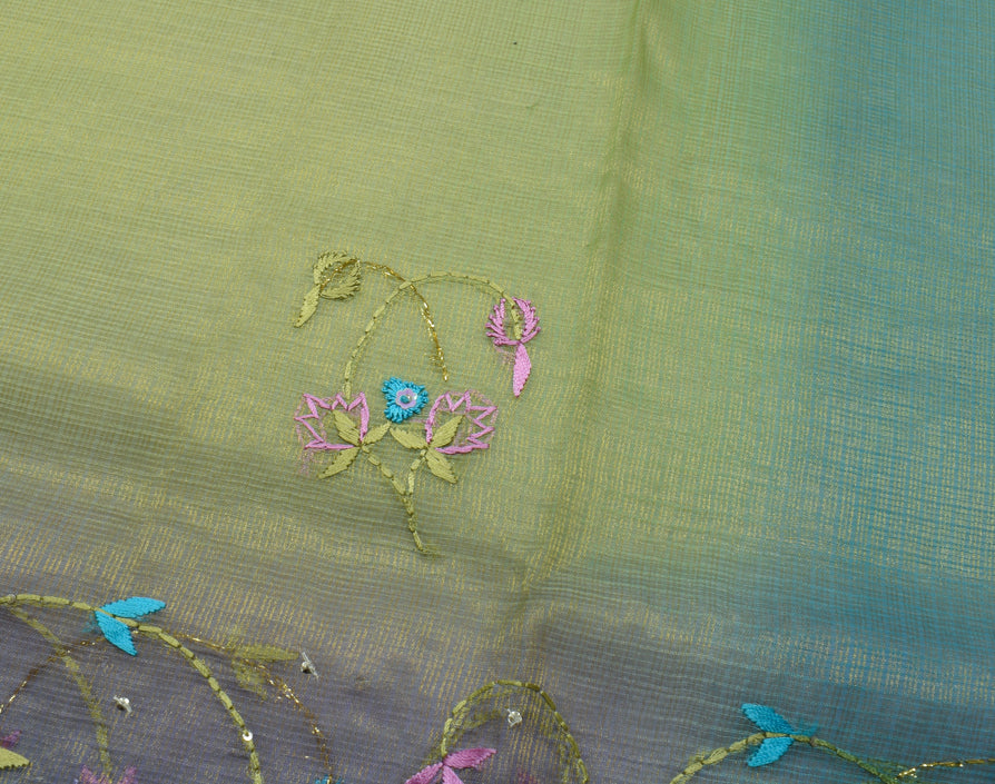Sushila Vintage Green Saree Pure Tissue Silk Embroidered Floral Sari Fabric