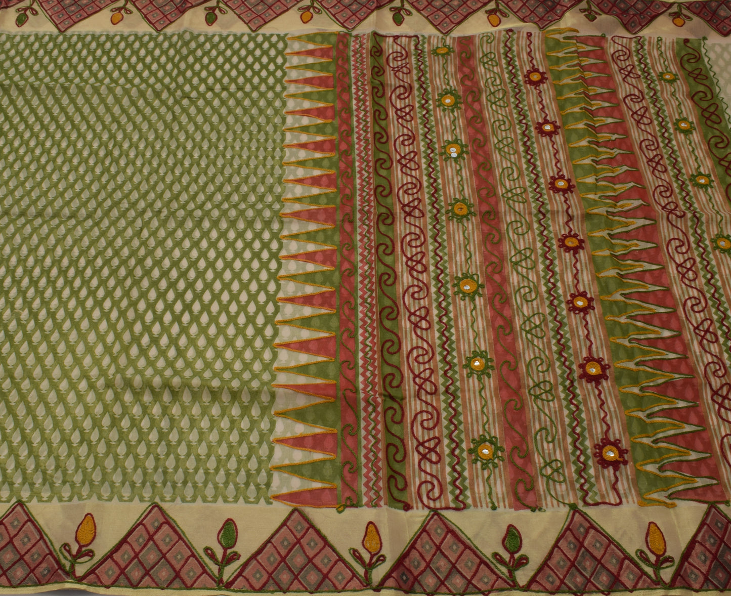 Sushila Vintage Indian Green Saree Blend Cotton Printed Sari Craft 5 Yard Fabric