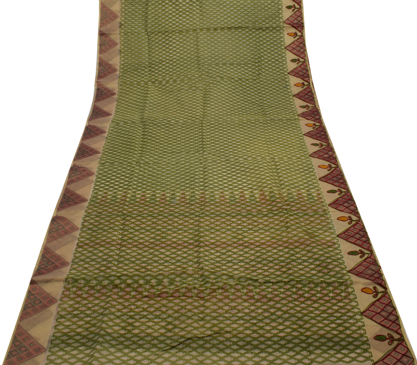 Sushila Vintage Indian Green Saree Blend Cotton Printed Sari Craft 5 Yard Fabric