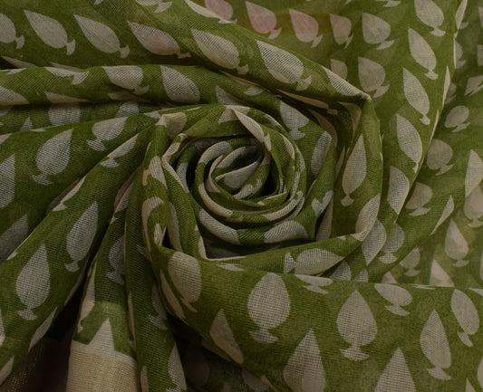 Sushila Vintage Indian Green Saree Blend Cotton Printed Sari Craft 5 Yard Fabric