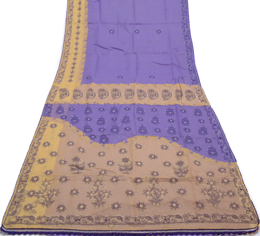 Sushila Vintage Purple Saree Blend Cotton Hand Embroidered Sari Craft Fabric
