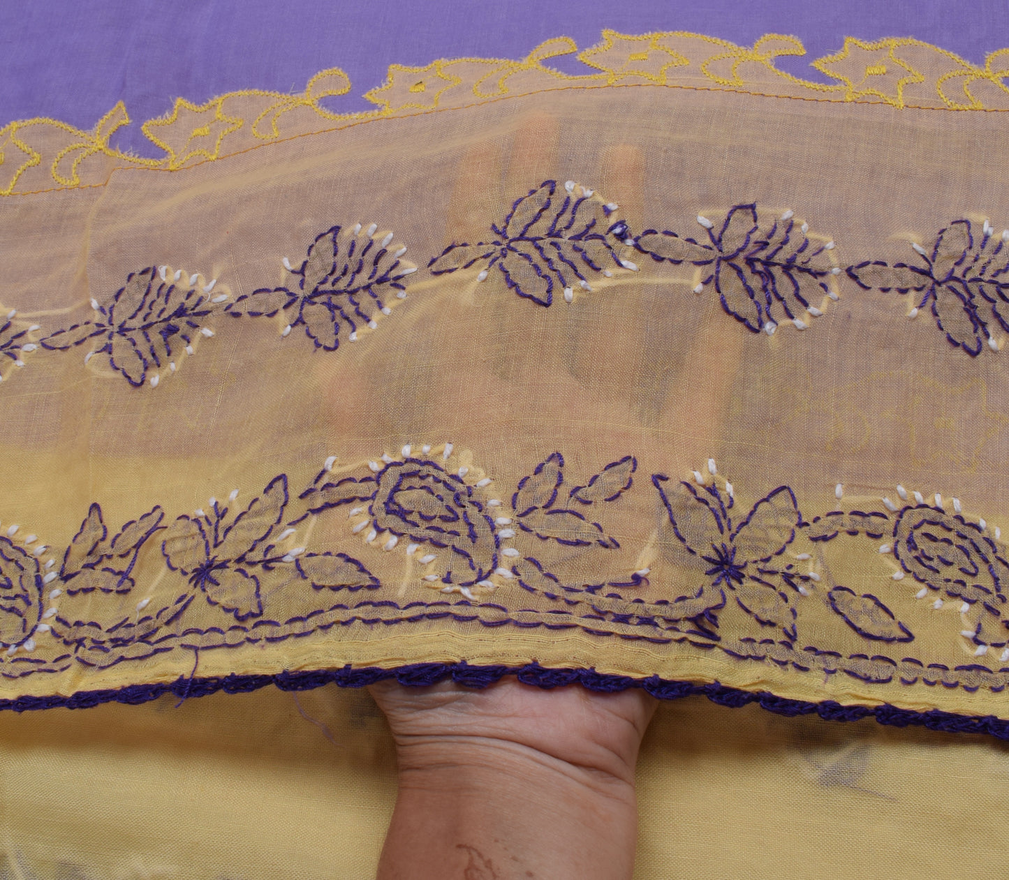 Sushila Vintage Purple Saree Blend Cotton Hand Embroidered Sari Craft Fabric