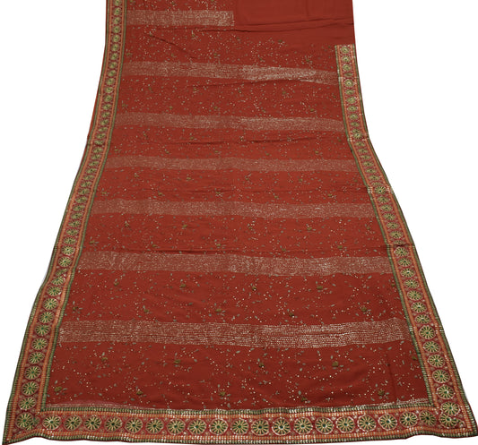 Sushila Vintage Rust Saree Pure Georgette Silk Embroidered Floral Sari Fabric