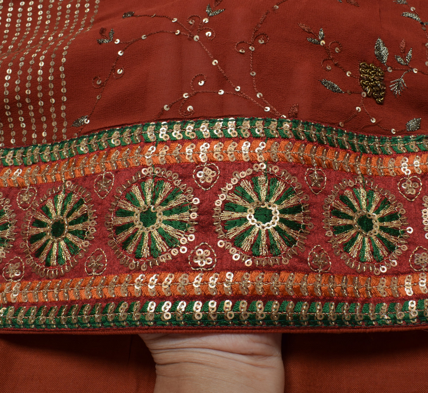 Sushila Vintage Rust Saree Pure Georgette Silk Embroidered Floral Sari Fabric