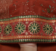 Sushila Vintage Rust Saree Pure Georgette Silk Embroidered Floral Sari Fabric