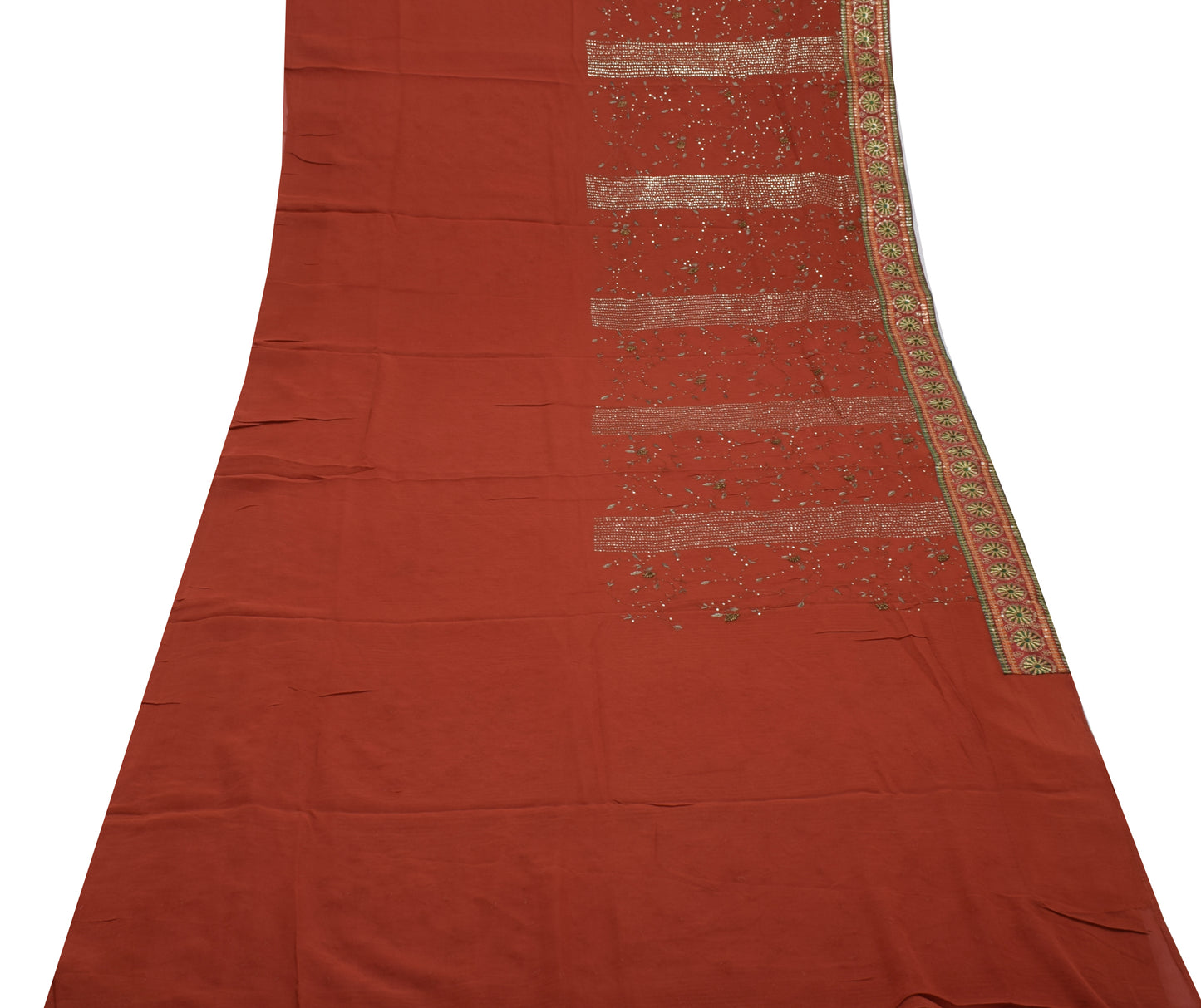 Sushila Vintage Rust Saree Pure Georgette Silk Embroidered Floral Sari Fabric