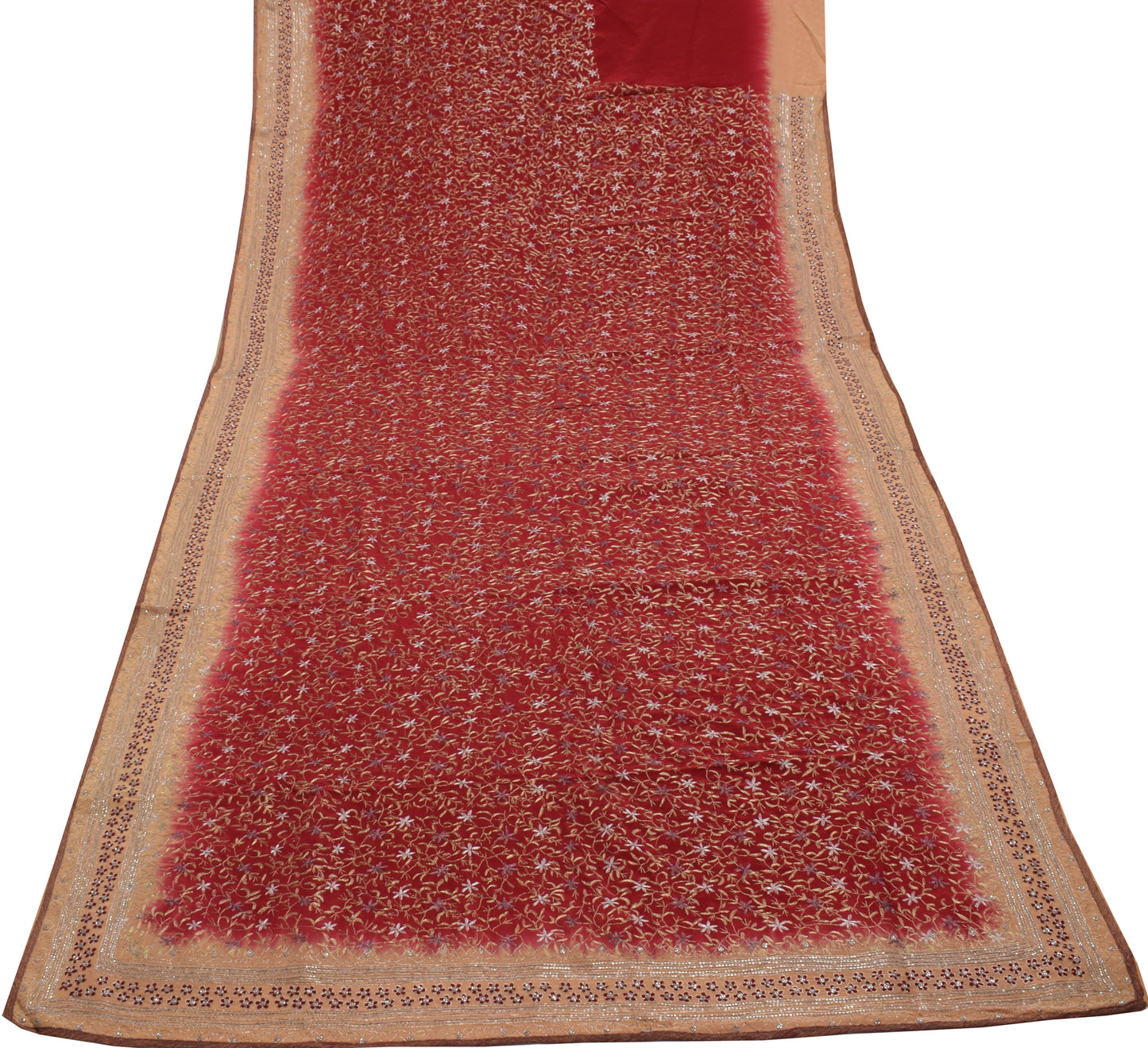 Sushila Vintage Maroon Saree Pure Crepe Silk Embroidered Floral Sari Fabric
