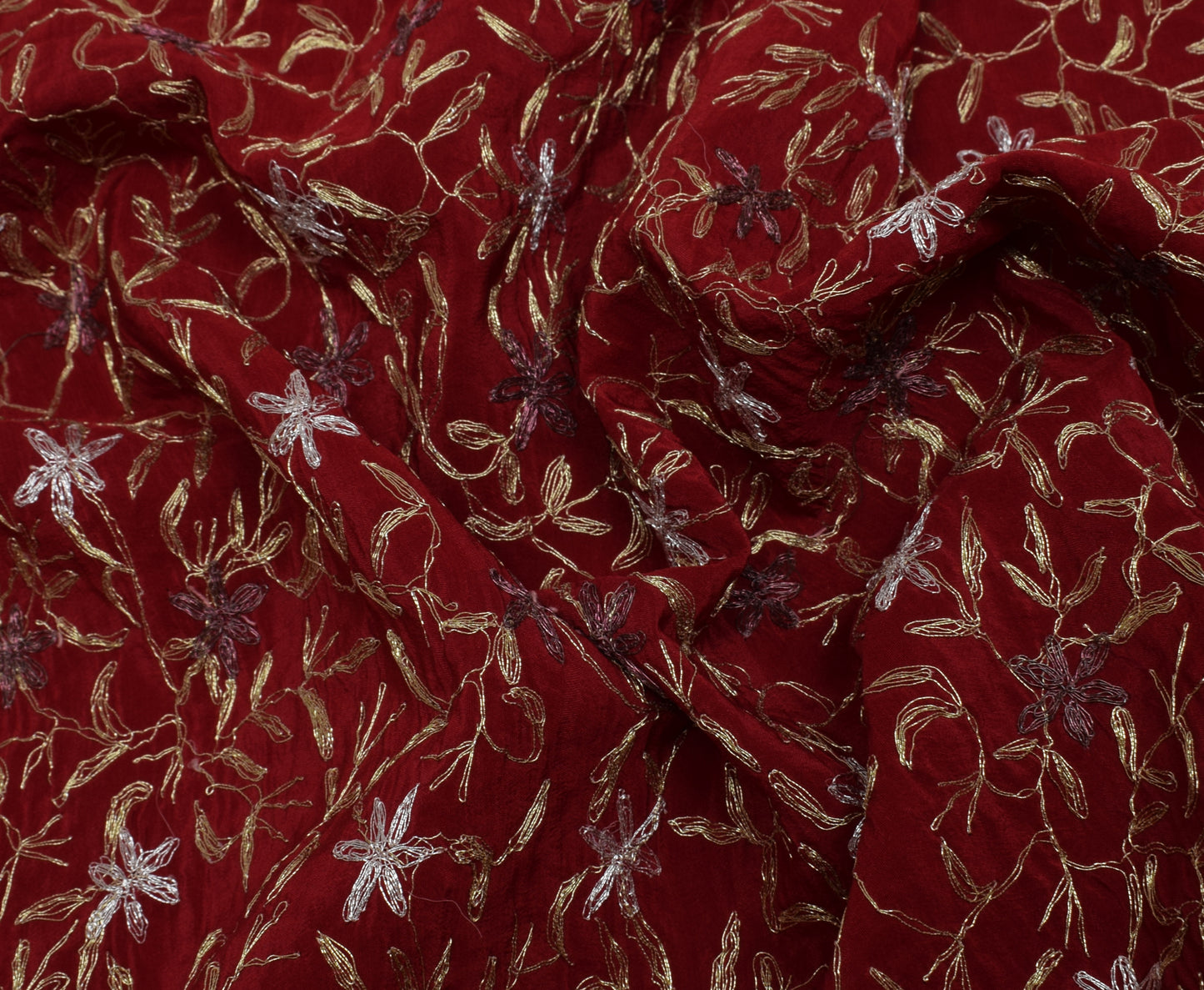 Sushila Vintage Maroon Saree Pure Crepe Silk Embroidered Floral Sari Fabric