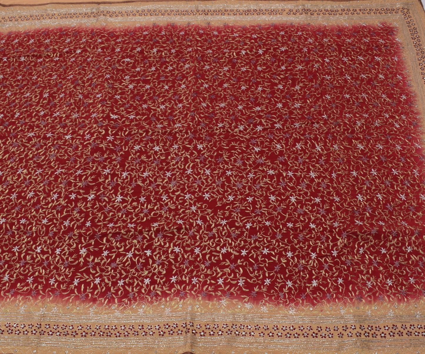 Sushila Vintage Maroon Saree Pure Crepe Silk Embroidered Floral Sari Fabric