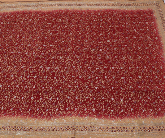 Sushila Vintage Maroon Saree Pure Crepe Silk Embroidered Floral Sari Fabric