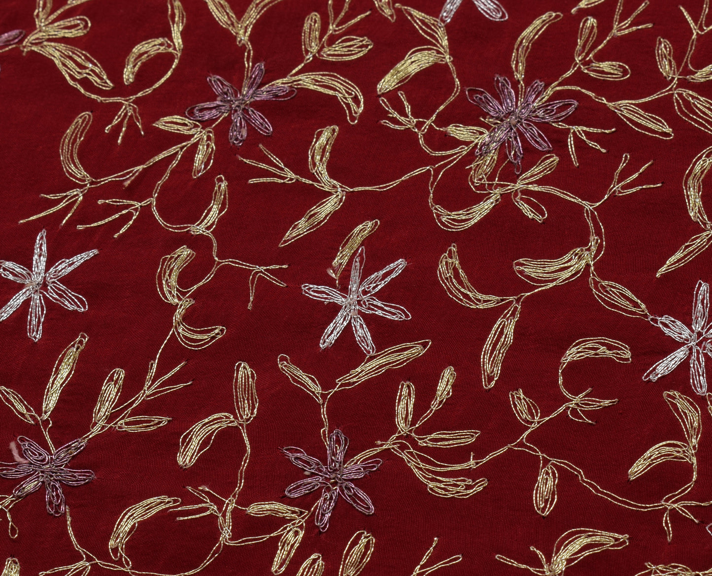Sushila Vintage Maroon Saree Pure Crepe Silk Embroidered Floral Sari Fabric