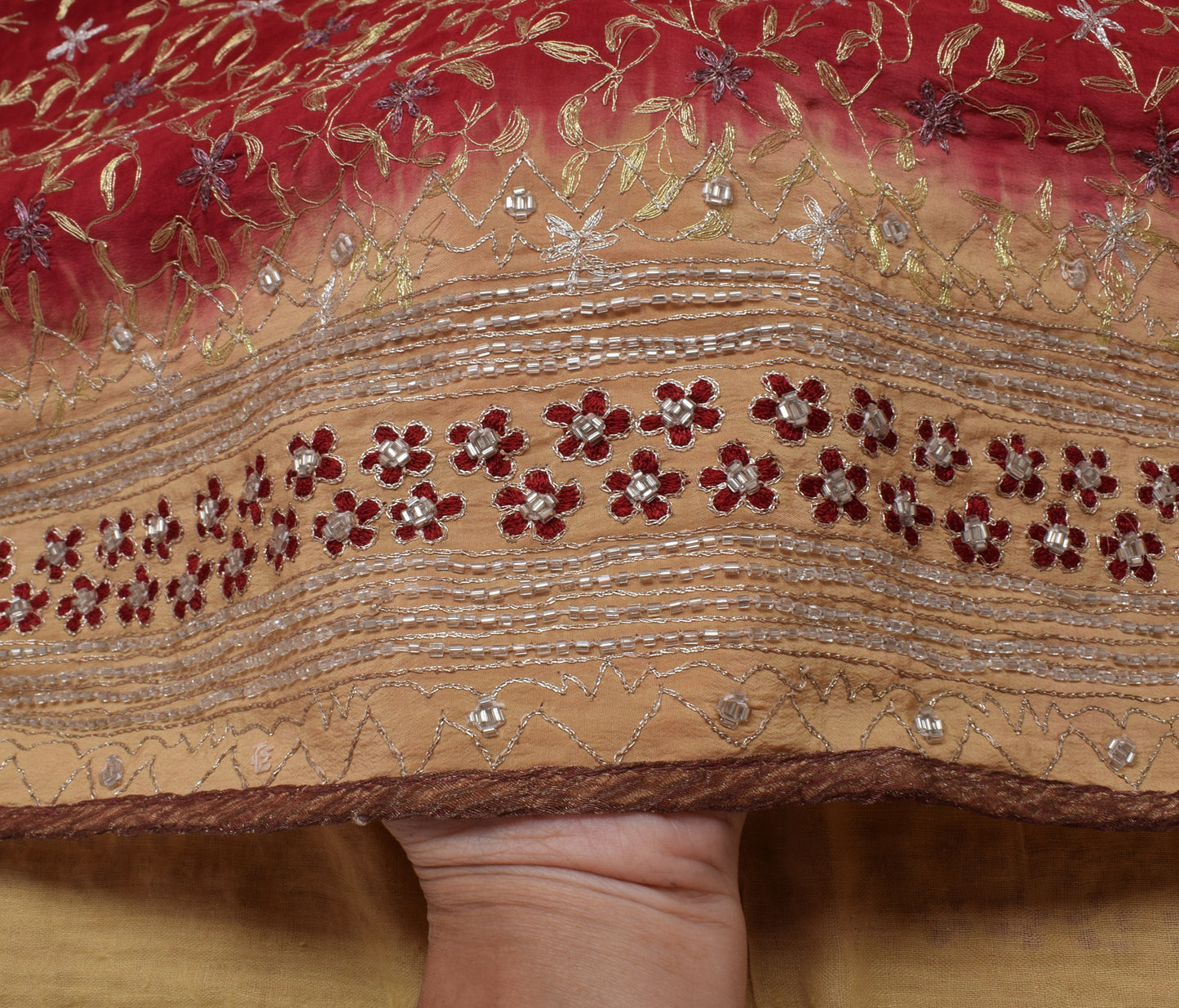 Sushila Vintage Maroon Saree Pure Crepe Silk Embroidered Floral Sari Fabric