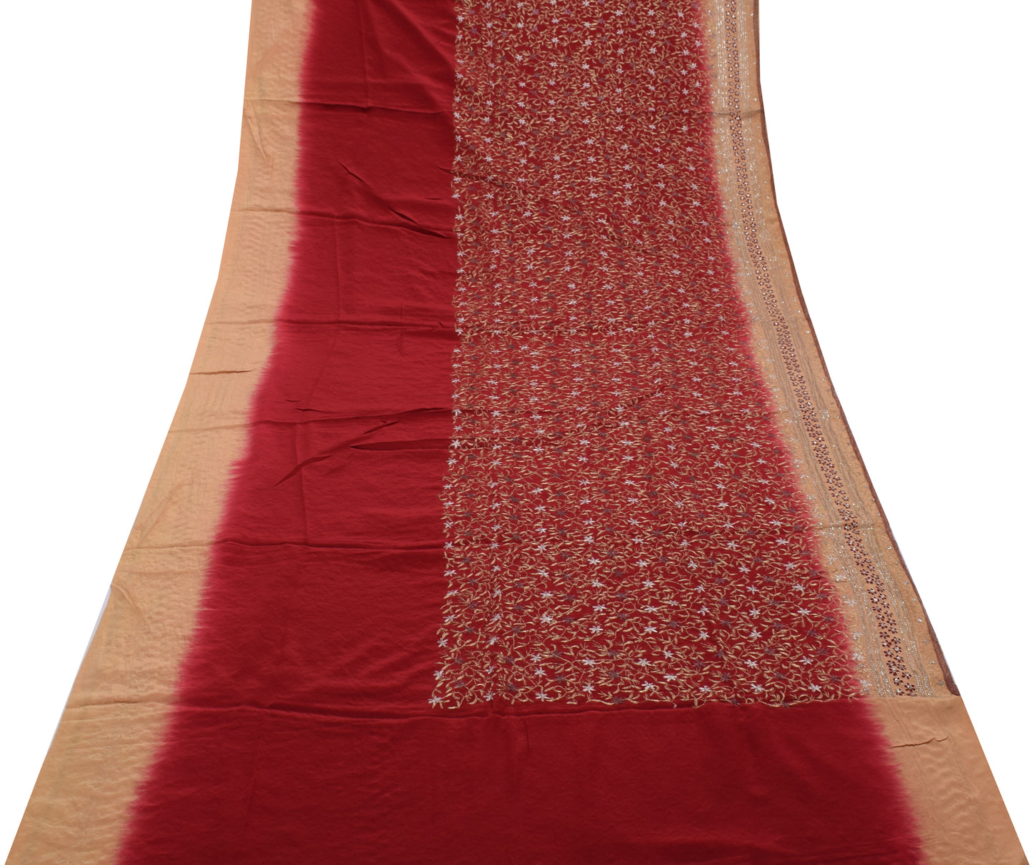 Sushila Vintage Maroon Saree Pure Crepe Silk Embroidered Floral Sari Fabric
