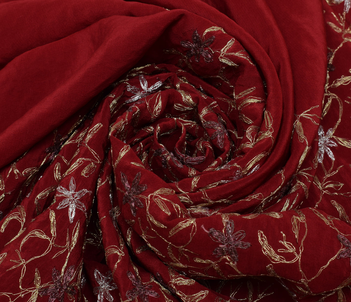 Sushila Vintage Maroon Saree Pure Crepe Silk Embroidered Floral Sari Fabric