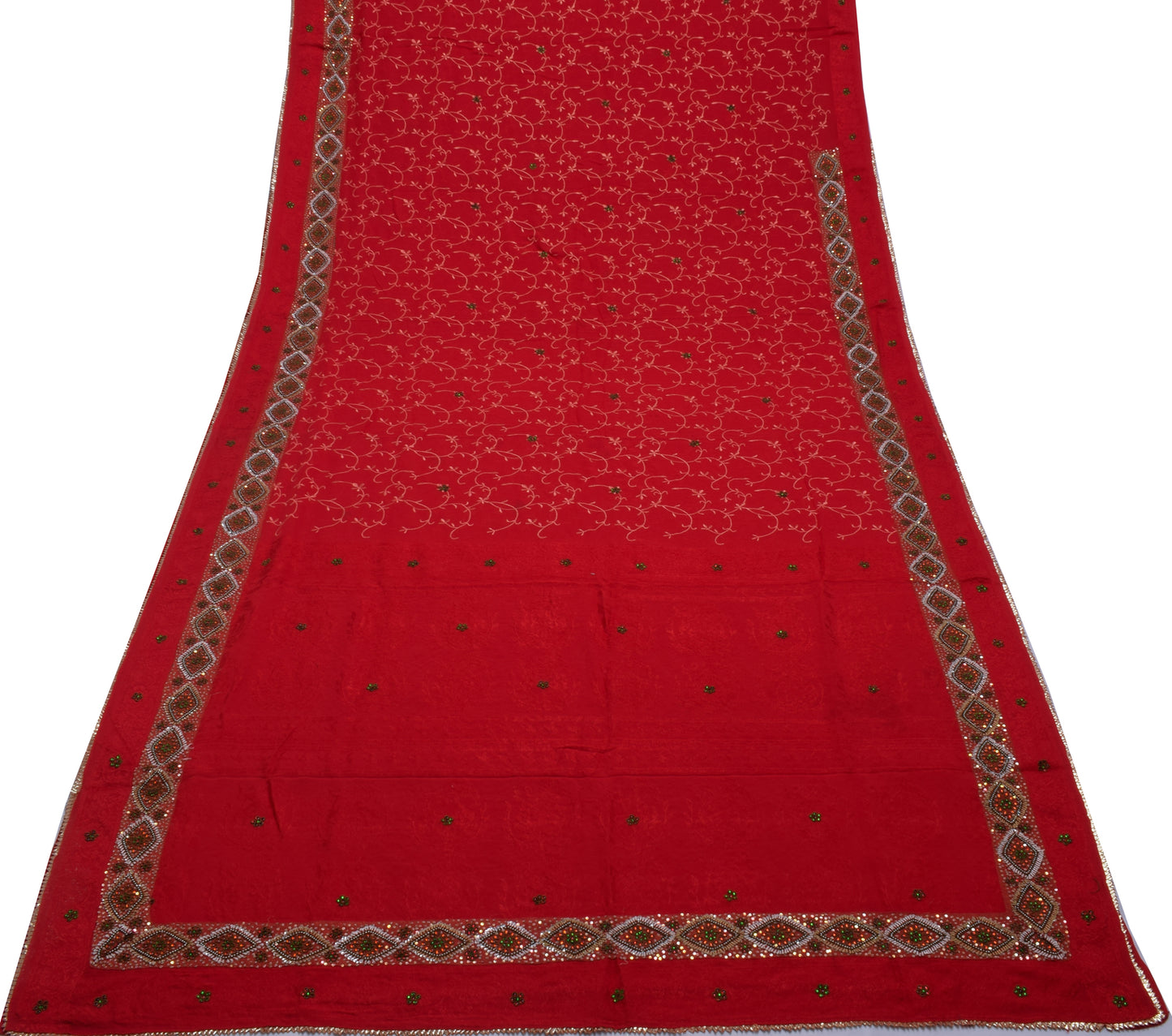 Sushila Vintage Red Saree Pure Georgette Silk Embroidered Floral Sari Fabric
