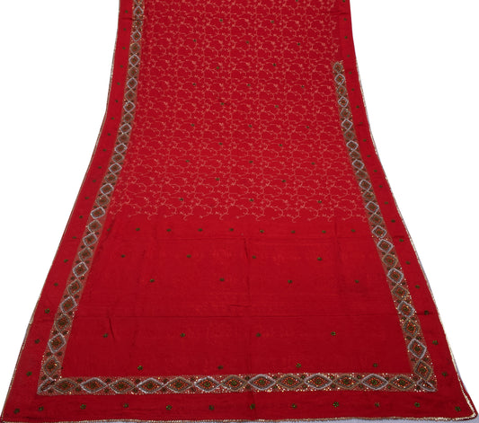 Sushila Vintage Red Saree Pure Georgette Silk Embroidered Floral Sari Fabric