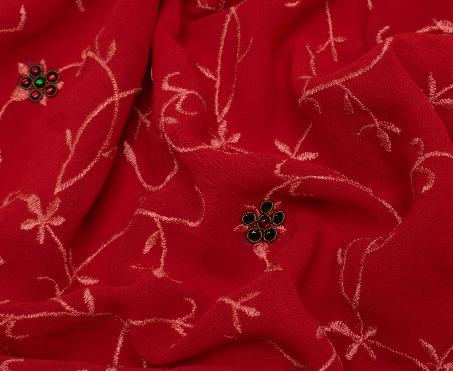 Sushila Vintage Red Saree Pure Georgette Silk Embroidered Floral Sari Fabric