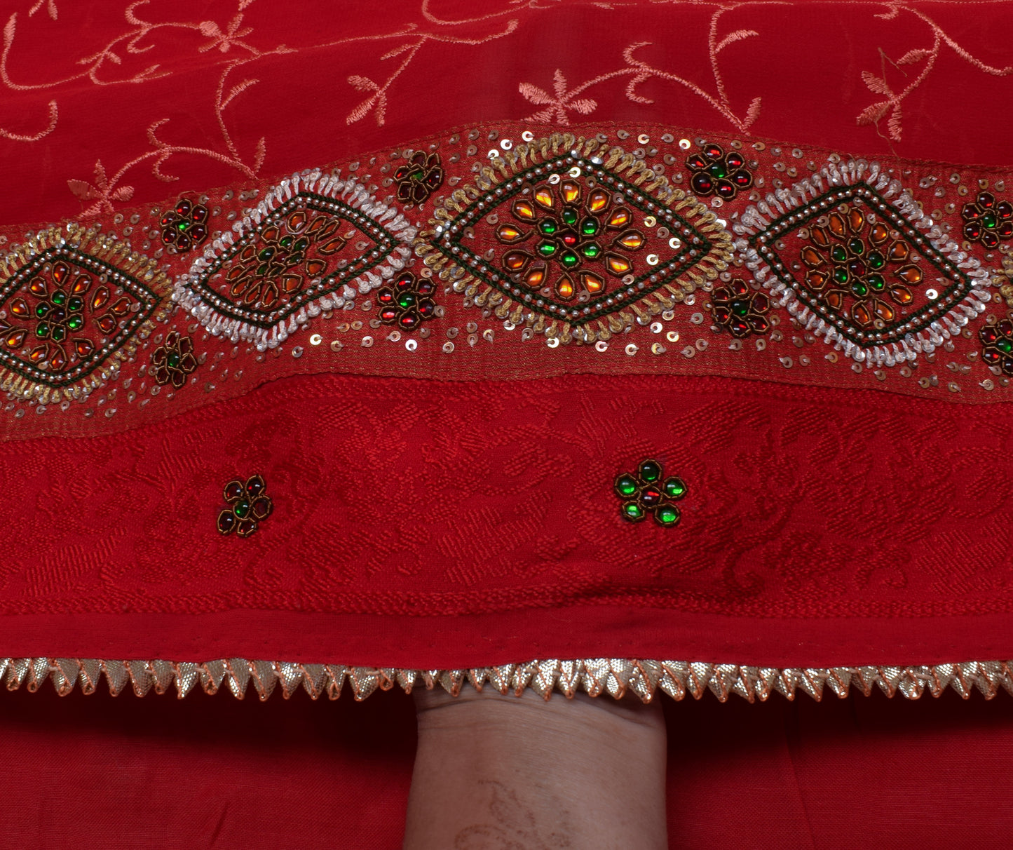 Sushila Vintage Red Saree Pure Georgette Silk Embroidered Floral Sari Fabric
