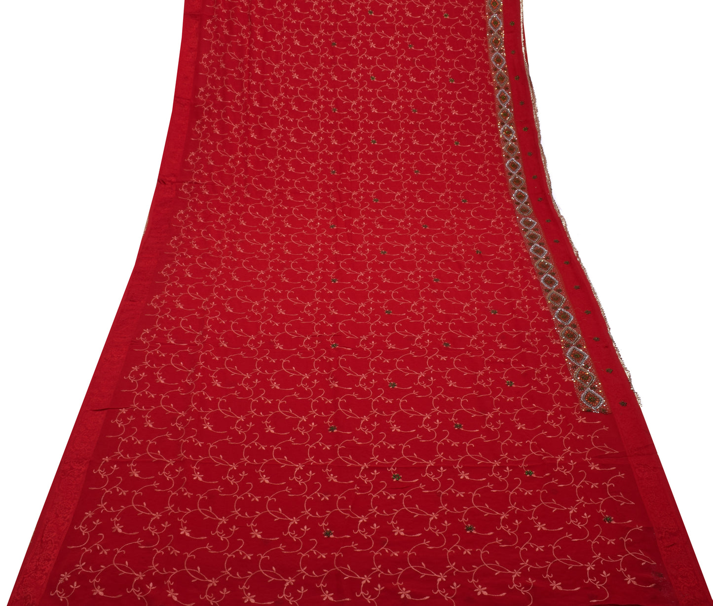 Sushila Vintage Red Saree Pure Georgette Silk Embroidered Floral Sari Fabric