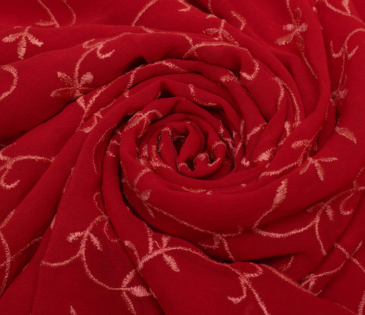 Sushila Vintage Red Saree Pure Georgette Silk Embroidered Floral Sari Fabric
