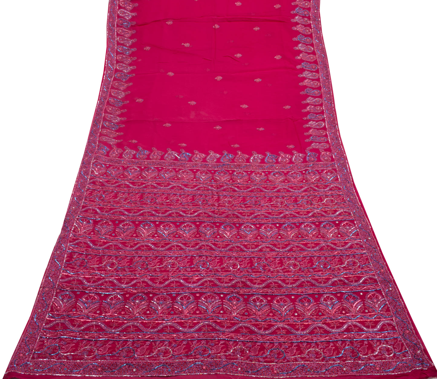 Sushila Vintage Magenta Saree Pure Georgette Silk Hand Beaded Floral Sari Fabric