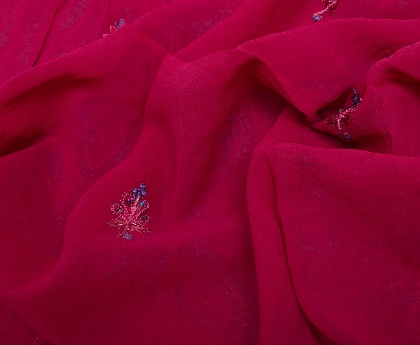 Sushila Vintage Magenta Saree Pure Georgette Silk Hand Beaded Floral Sari Fabric