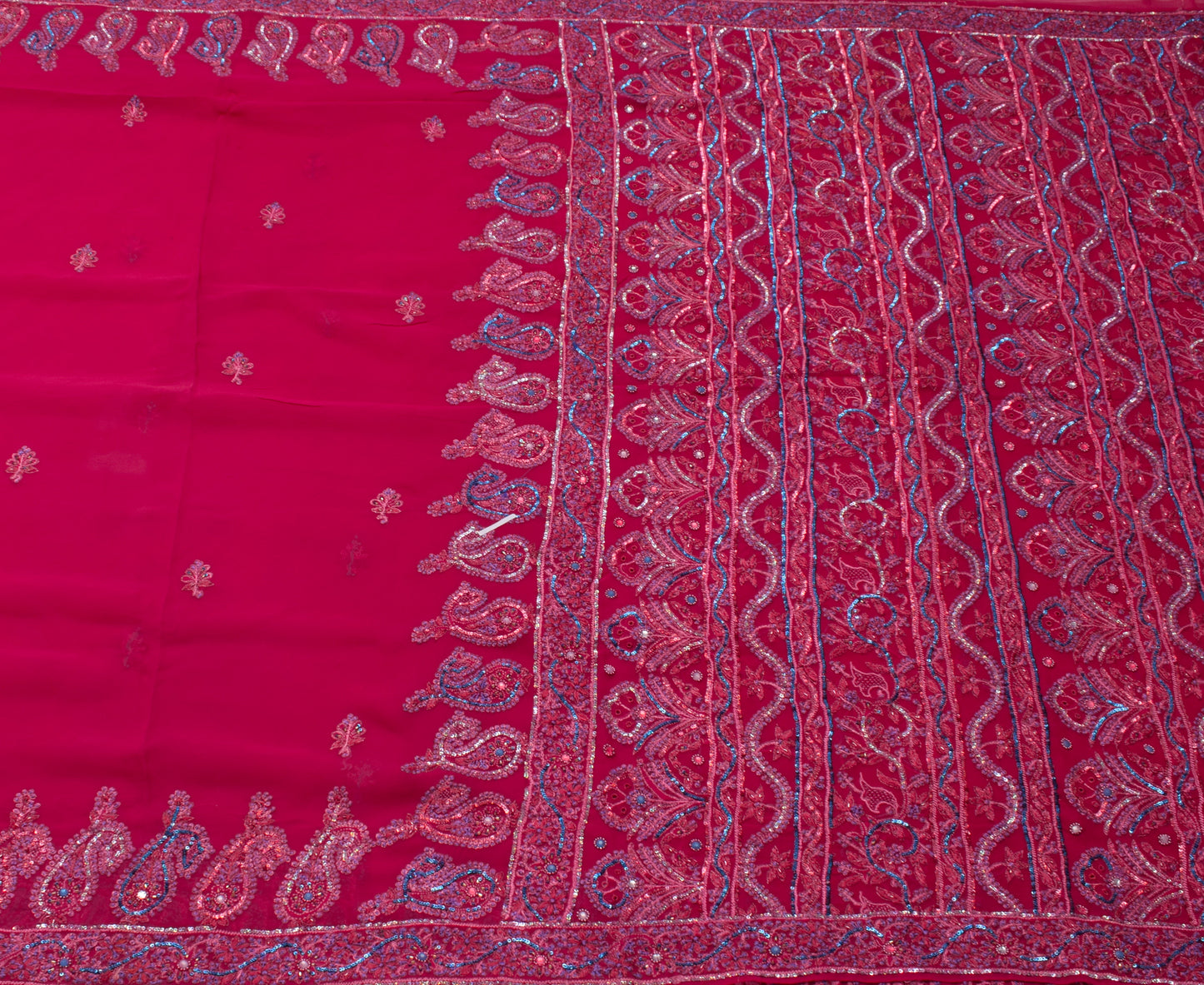 Sushila Vintage Magenta Saree Pure Georgette Silk Hand Beaded Floral Sari Fabric
