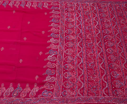 Sushila Vintage Magenta Saree Pure Georgette Silk Hand Beaded Floral Sari Fabric