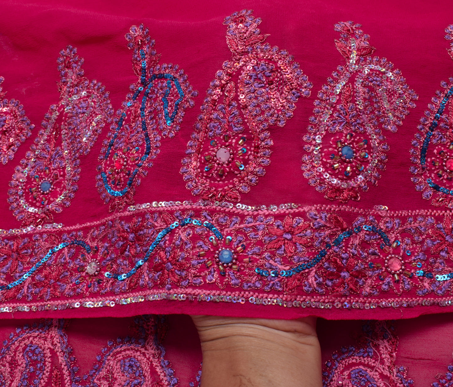 Sushila Vintage Magenta Saree Pure Georgette Silk Hand Beaded Floral Sari Fabric