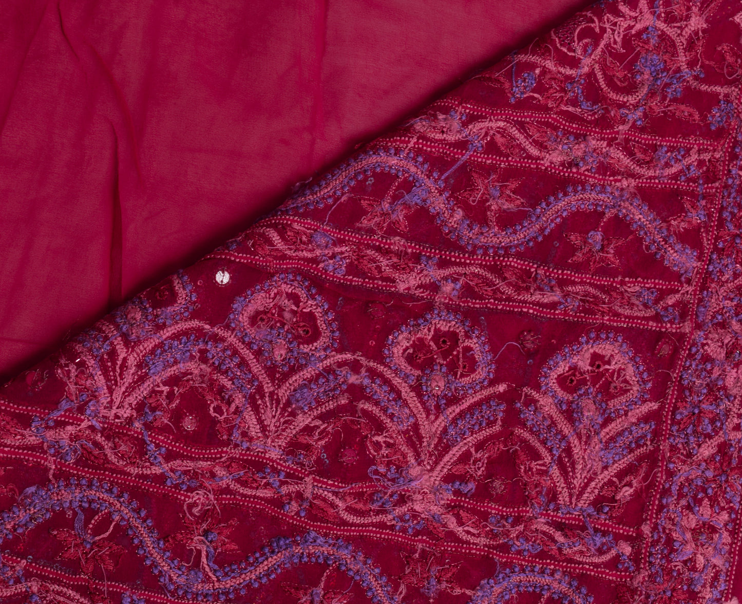 Sushila Vintage Magenta Saree Pure Georgette Silk Hand Beaded Floral Sari Fabric