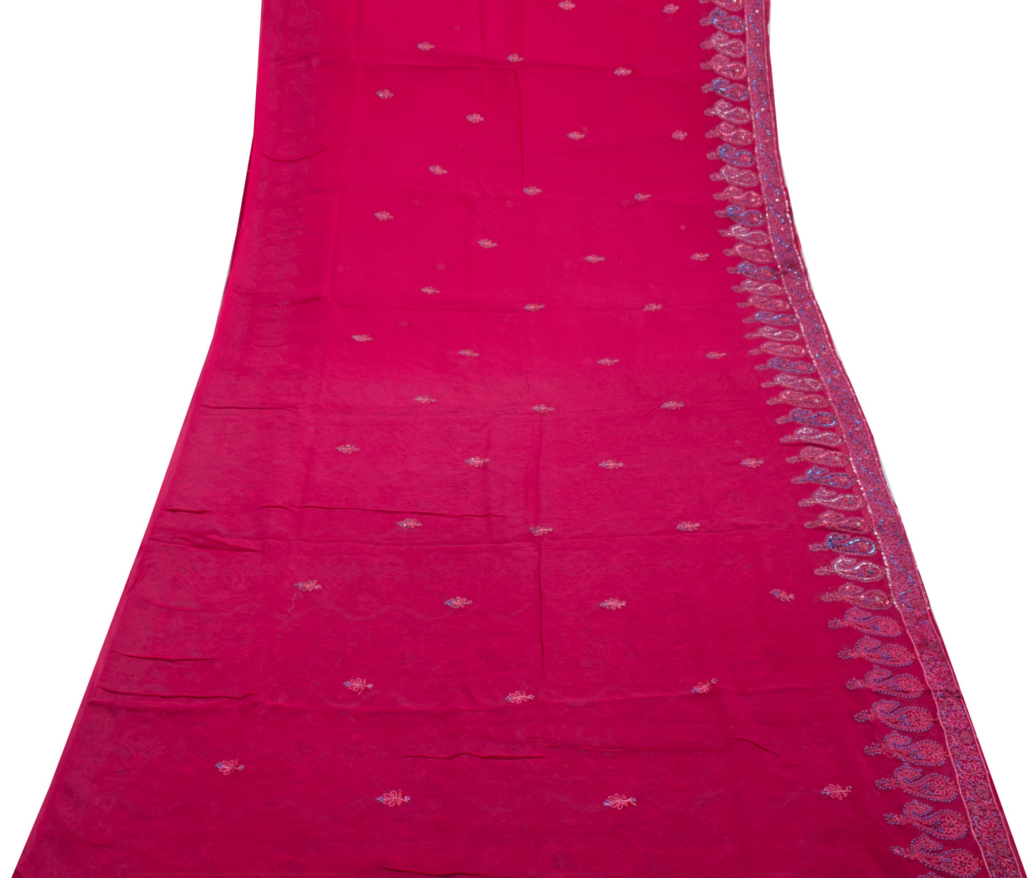 Sushila Vintage Magenta Saree Pure Georgette Silk Hand Beaded Floral Sari Fabric