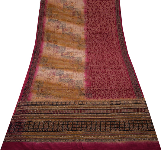 Sushila Vintage Indian Saree Pure Crepe Printed Hand Embroidered Kantha Fabric