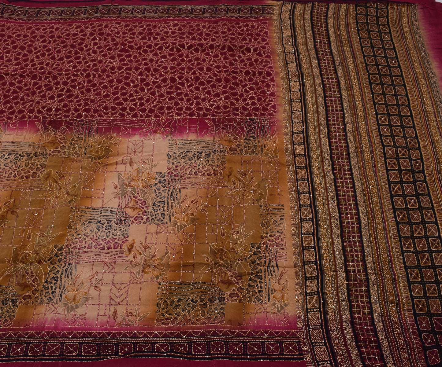 Sushila Vintage Indian Saree Pure Crepe Printed Hand Embroidered Kantha Fabric