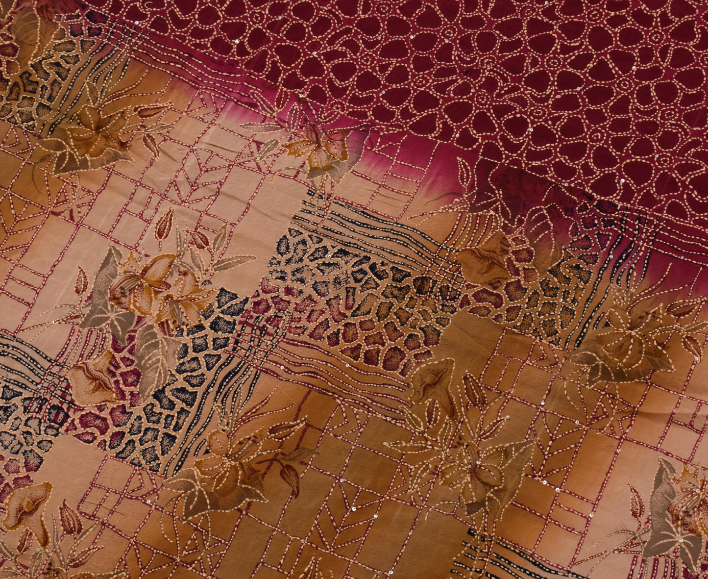 Sushila Vintage Indian Saree Pure Crepe Printed Hand Embroidered Kantha Fabric