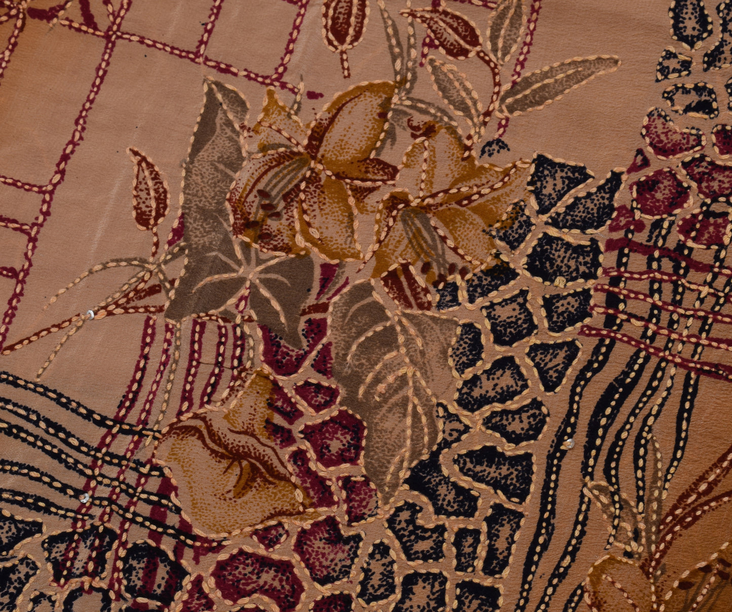 Sushila Vintage Indian Saree Pure Crepe Printed Hand Embroidered Kantha Fabric