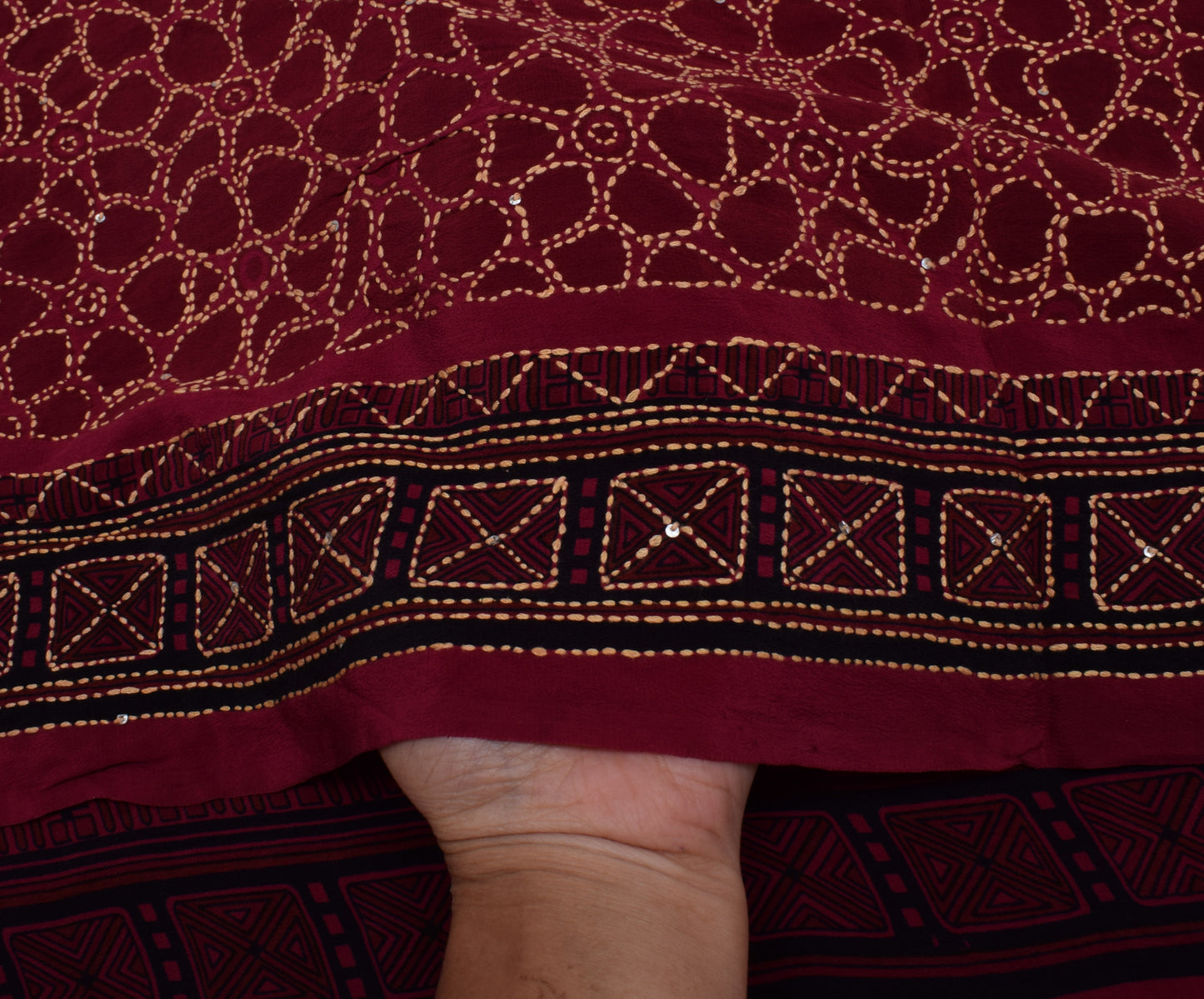 Sushila Vintage Indian Saree Pure Crepe Printed Hand Embroidered Kantha Fabric