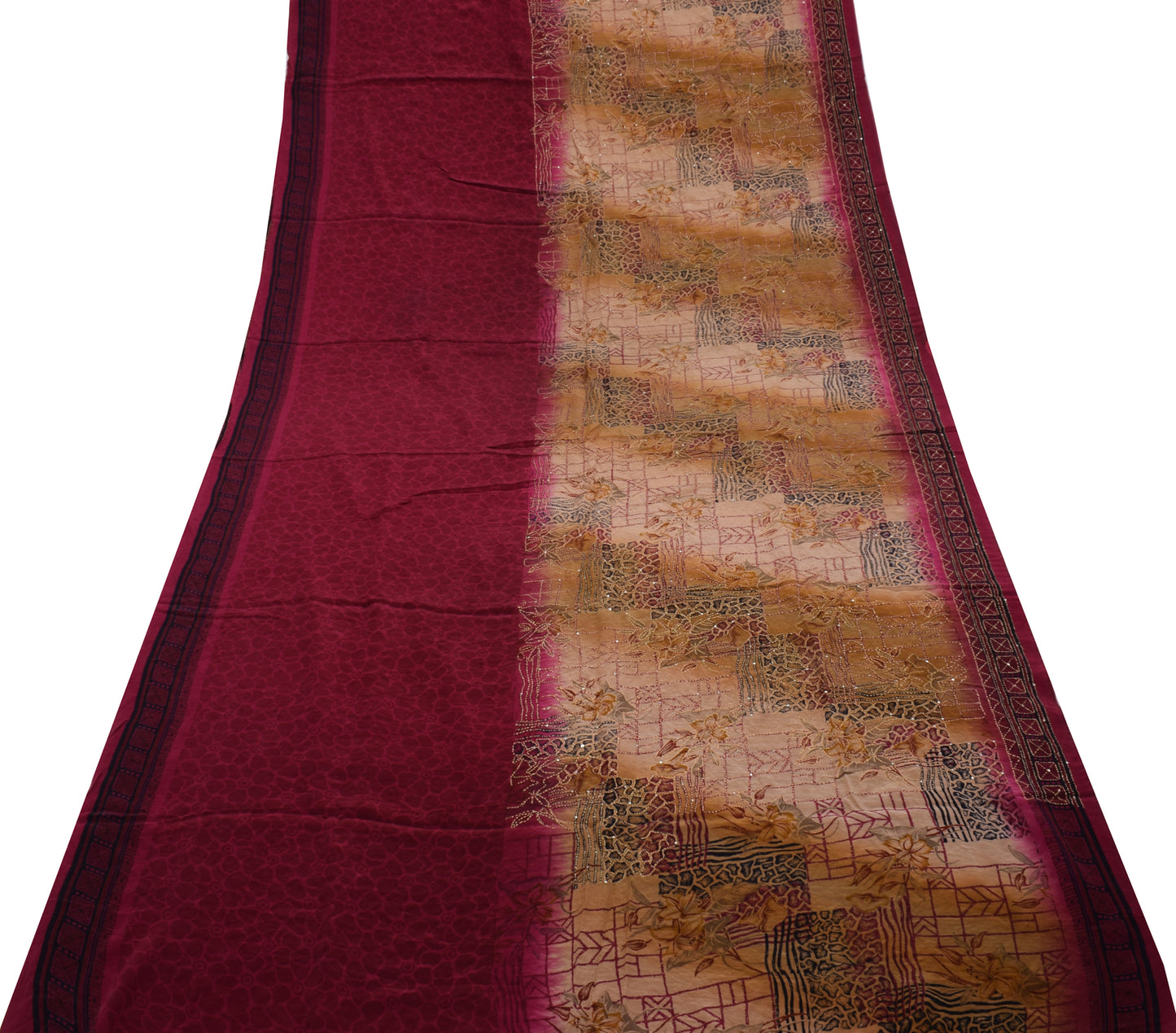 Sushila Vintage Indian Saree Pure Crepe Printed Hand Embroidered Kantha Fabric