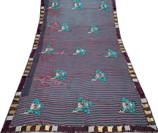 Sushila Vintage Indian Saree Pure Georgette Net Mesh Embroidered Sari Fabric